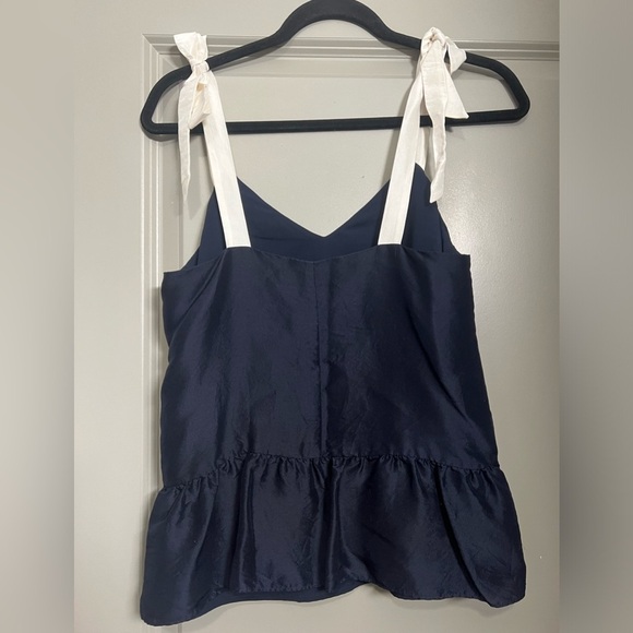 J. Crew 100% Silk Tie-Shoulder Peplum Top  - Navy | Size 0 - Picture 2 of 11